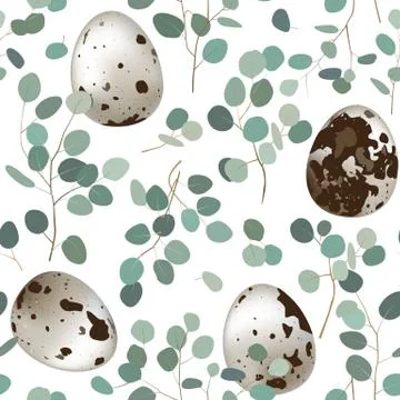 Delicate seamless background with quail eggs and eucalyptus branches. Easter Stock Illustration