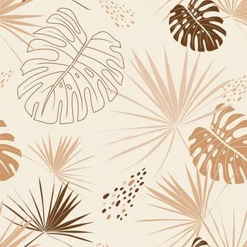 Delicate seamless pattern in beige shades with palm branches and monstera leaves Illustrazione stock
