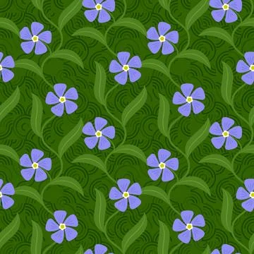 Delicate seamless vector pattern featuring purple periwinkle flowers with twi Stock Illustration