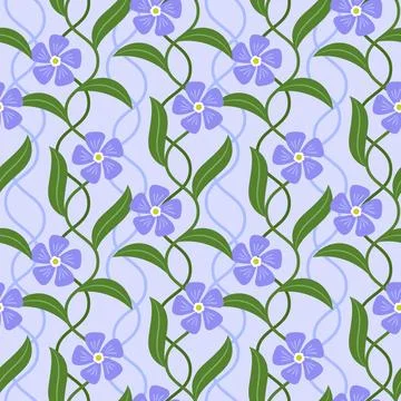 Delicate seamless vector pattern featuring purple periwinkle flowers with twi Stock Illustration