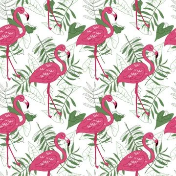 Delicate seamless vector pattern with pink flamingos on a white background wi Illustrazione stock