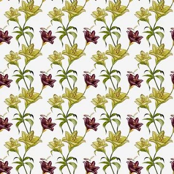 Delicate seamless watercolor pattern of vibrant lilies for textile and wrap.. Stock Illustration