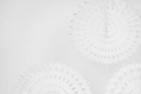 Delicate soft light white abstract background with round carved paper fans in Foto stock