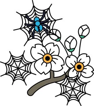 Delicate spiderwebs frame blooming flowers Stock Illustration