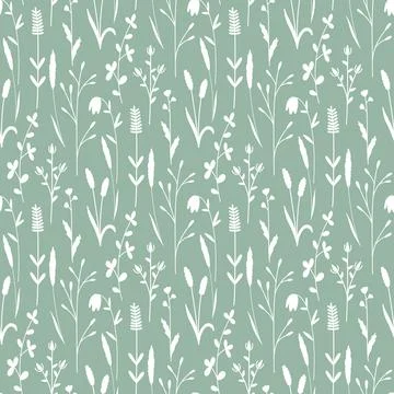 Delicate spring seamless pattern with white silhouettes of wildflowers and .. Stock Illustration