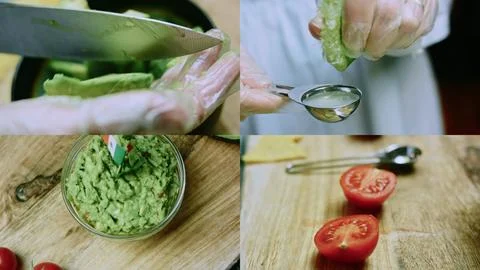 Delicate tabletop composition of complete guacamole process overview Stock Photos