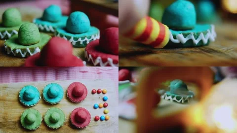Delicate tabletop sequence of preparation and final cookies in split screen Video stock 342156278