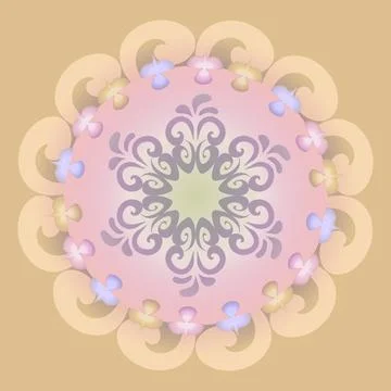 Delicate tones of pink, yellow on a circle with a pattern of swirls and sty.. Stock Illustration
