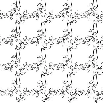 Delicate twigs with leaves seamless pattern. Hand drawn doodle black plants. Ink Stock Illustration