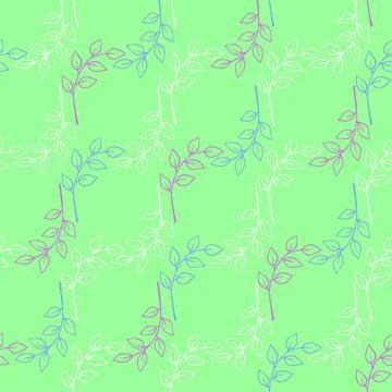 Delicate twigs with leaves seamless pattern. Hand drawn doodle blue purple and Stock Illustration