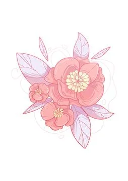 Delicate vector art print with pink flowers. Spring floral garden roses black Stock Illustration