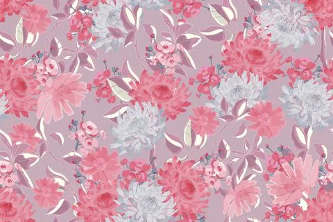 Delicate vector floral seamless pattern. Pink, grey, silver flowers. Illustrazione stock