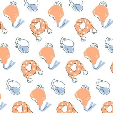 Delicate vector winter pattern of knitted accessories: hat with ponpon, sca.. Stock Illustration