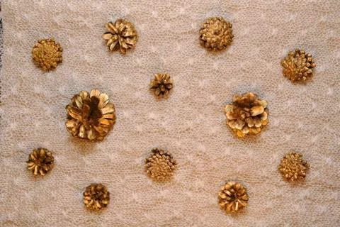 Delicate warm background of pine gilded cones on knitted patterned down canvas. Stock Photos