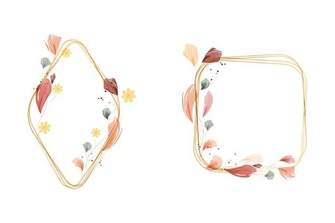 Delicate watercolor frames featuring golden lines and natural leaves Stock Illustration
