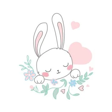 Delicate white hare in pink and blue colors and hearts around. Childrens vector Stock Illustration