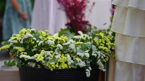 Delicate yellow and white statice flowers decorating a celebration event Video stock 336385735