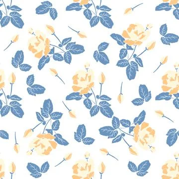 Delicate yellow roses seamless pattern. Hand drawn flat silhouettes of flower Stock Illustration