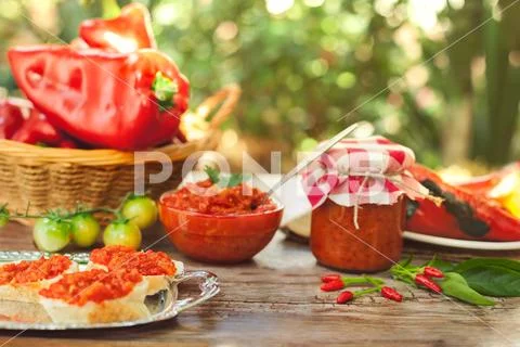 Delicious Ajvar served to eat Stock Photos