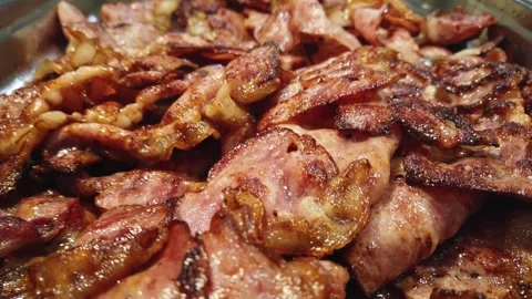 Delicious and abundant breakfast buffet with fried bacon food Stock Footage 330100727