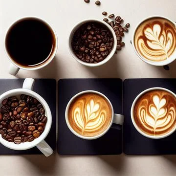 Delicious and aromatic coffee set with milk on black and white background. Illustrazione stock