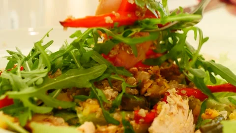 A delicious and fresh Salad featuring Chicken, Arugula, and a colorful mix of Stock Footage 310537071