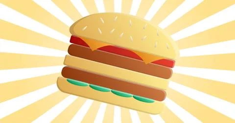 Delicious appetizing double hamburger on yellow abstract rays background Stockillustratie