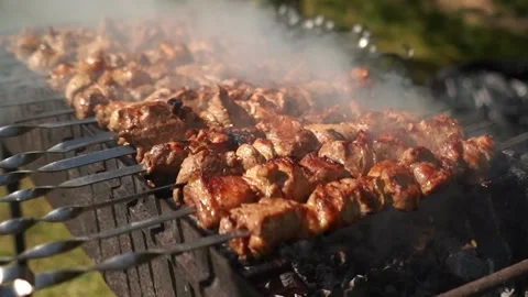 Delicious appetizing steak meat is fried outside on fire and smoke. Shish kebab Stock Footage 276187290