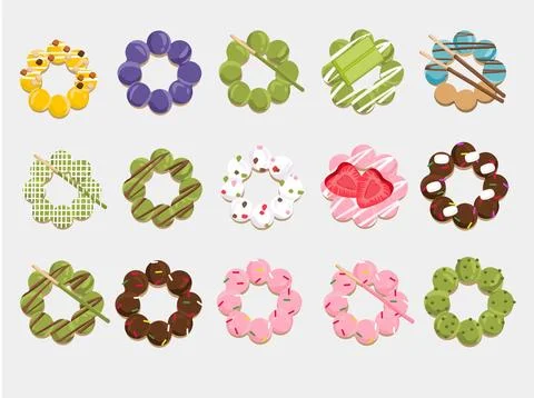 Delicious Assorted Flavors of Pon de Ring Donuts with Colorful Toppings Illustrazione stock