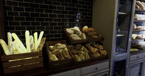 Delicious assortment of freshly baked bread displayed in a cozy bakery Stock Illustration