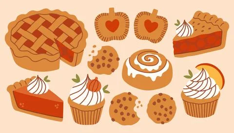 Delicious autumn bakery vector collection featuring pumpkin pie, cinnamon roll Stock Illustration