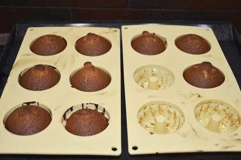 Delicious, baked muffins in a silicone mold are ready to eat Stock Photos