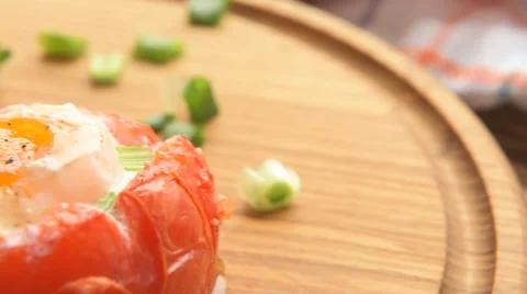 Delicious baked stuffed tomatoes with eggs and vegetables Stock Footage 66418034
