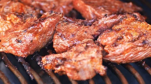 Delicious beef frying on the grill Video stock 92850323