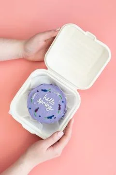Delicious bento cake Hello spring in female hands on a pink background. Stock Photos