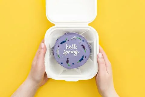 Delicious bento cake Hello spring in female hands on a yellow background. Stock Photos