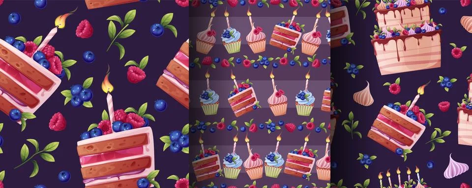 Delicious Birthday Seamless Pattern set. Berry Cupcakes, Sparkling Candles and Illustrazione stock