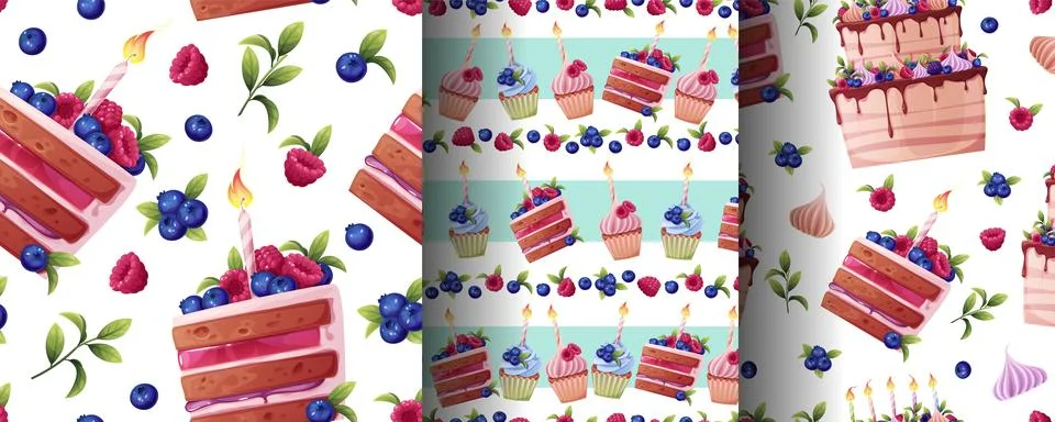 Delicious Birthday Seamless Pattern set. Berry Cupcakes, Sparkling Candles and Stock Illustration