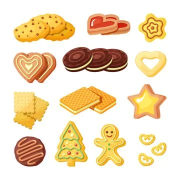 Delicious biscuits, bakery products flat vector illustrations set Stock Illustration