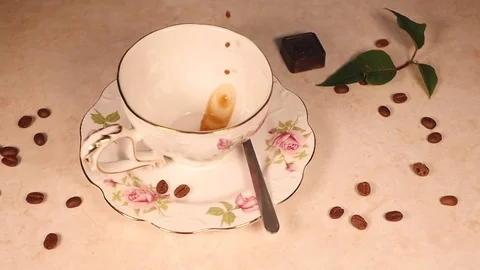 Delicious black coffee with a slice of chocolate piece Stock Footage 84332821