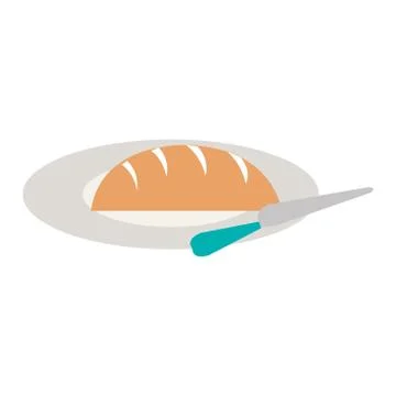 Delicious bread in dish with knife Stock Illustration