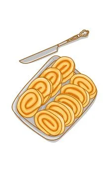 Delicious Bread Rolls on a Tray and Stainless Knife on white. Cake dish food art Stock Illustration
