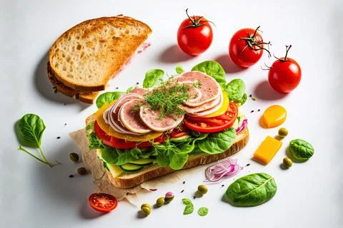 Delicious bread sandwich with pieces of ham and assorted ripe veggies presented Stock Illustration