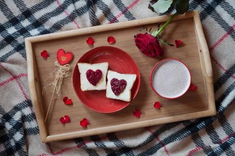 Delicious breakfast in bed on valentines day celebration holiday romantic Stock Photos