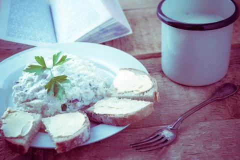 Delicious breakfast book kitchen table vintage Stock Photos