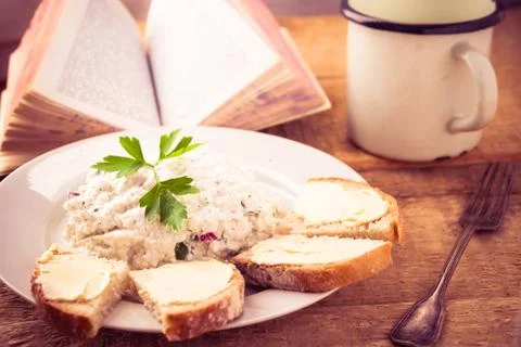 Delicious breakfast book kitchen table vintage Stock Photos