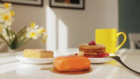 Delicious breakfast in a cafeteria. Stock Footage 254476614