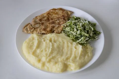 A delicious breakfast or lunch with mashed potatoes, chop with salad - gree.. Stock Photos