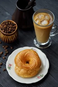 Delicious Breakfast with pastries and ice coffee Stock Photos