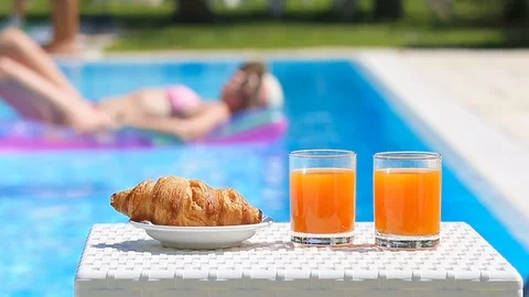 Delicious breakfast by the pool Stock Footage 111898620